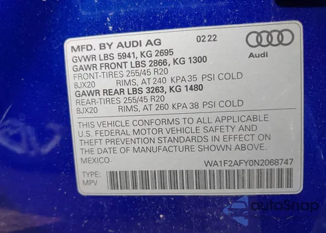 2022 Audi Q5 Prestige 55 Tfsi E S Line Quattro S Tronic z USA, uszkodzony, nr VIN WA1F2AFY0N2068747